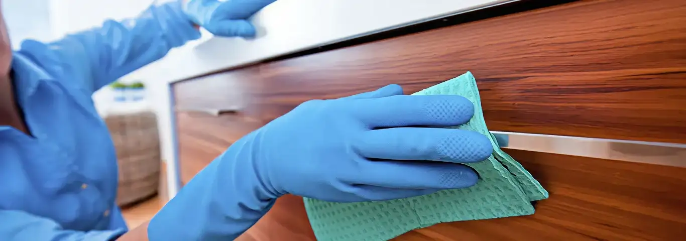 Cleaner wearing blue gloves wiping a wooden cabinet drawer with a microfiber cloth for dust and grime removal, New Orleans, LA.
