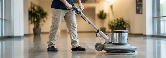 Professional technician using an industrial floor buffer to polish and maintain shiny commercial flooring in a corporate hallway in New Orleans, LA.