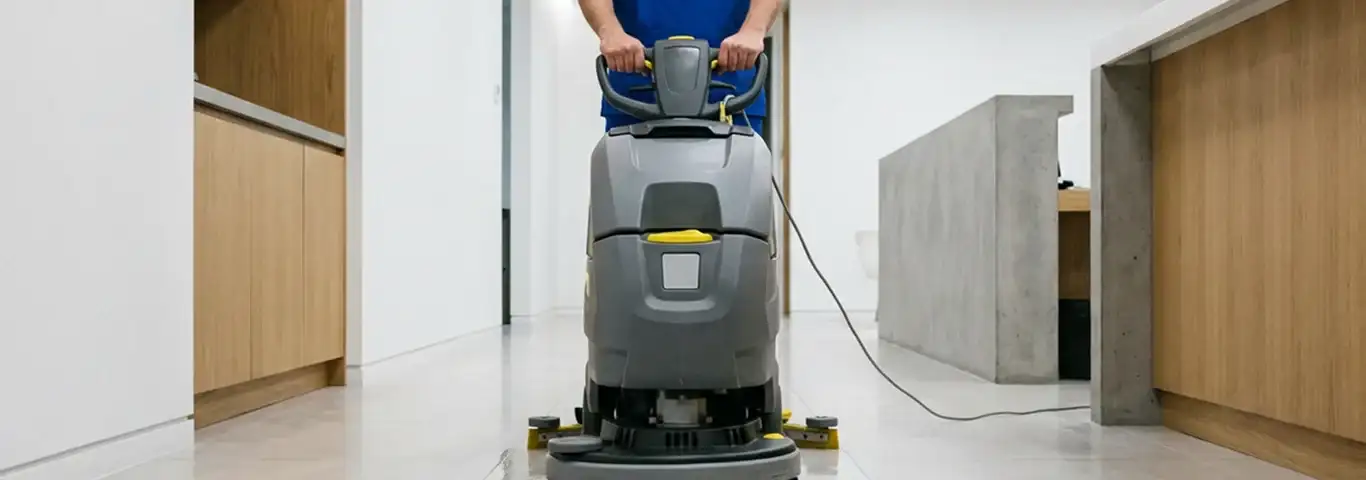 Janitorial staff using a floor scrubber machine to clean a commercial hallway, New Orleans, LA.