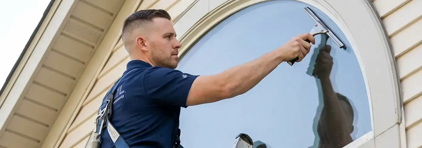 Professional window cleaner using a squeegee to clean an exterior arched window on a home, New Orleans, LA.
