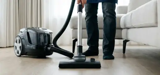 Professional house cleaner vacuuming a living room floor with a canister vacuum cleaner, New Orleans, LA.
