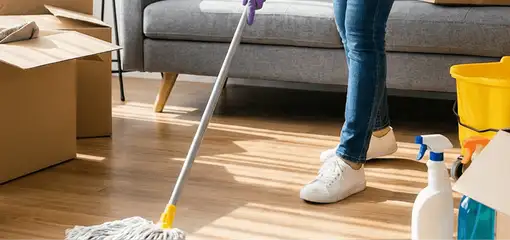 Move-out cleaning setup with a cleaner mopping hardwood floors near moving boxes and cleaning supplies, New Orleans, LA.