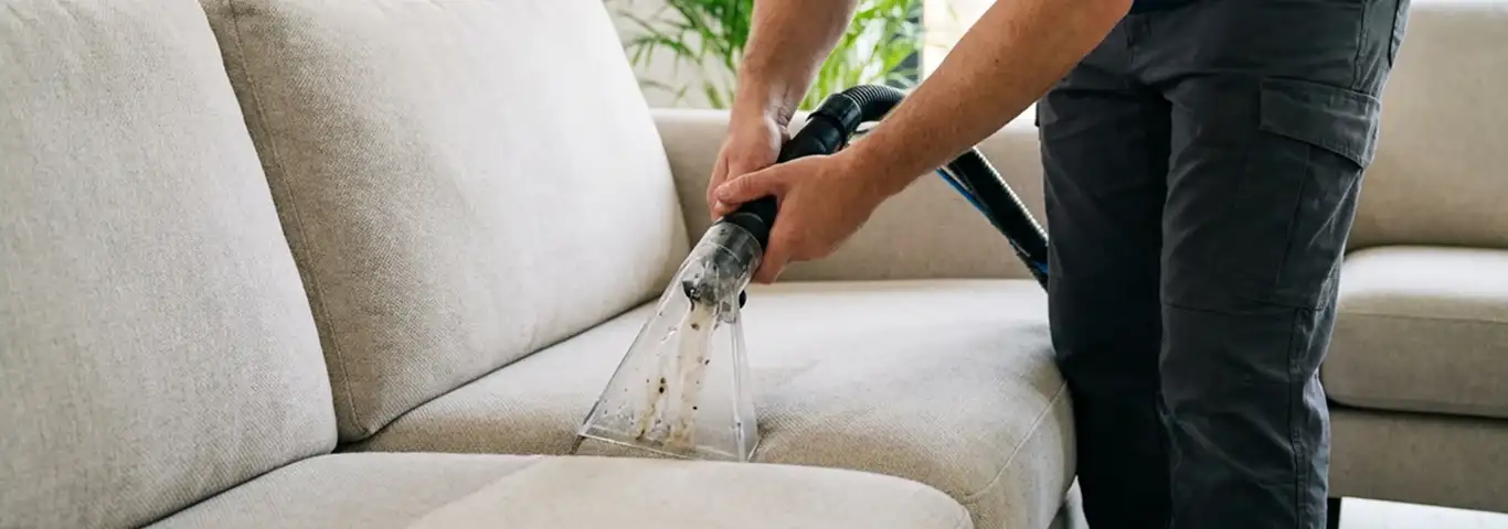 Technician extracting dirt and moisture from a fabric sofa with an upholstery cleaning wand, New Orleans, LA.