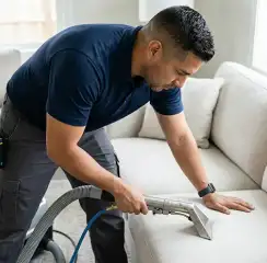 Professional upholstery cleaning technician using an extraction wand to deep-clean a fabric sofa, New Orleans, LA.