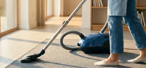 Person vacuuming a living room rug with a canister vacuum cleaner near large windows, New Orleans, LA.